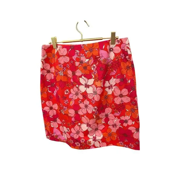TALBOTS Red Floral Canvas A-Line Skirt NWT 8 Pink Orange - Picture 2 of 5
